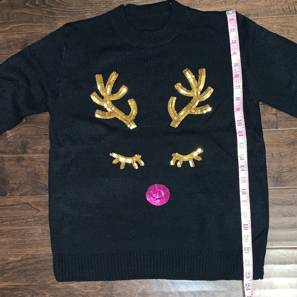 BRAND NEW Black Christmas Gold Pink Sequin Rudolph Reindeer Sweater - Picture 9 of 11